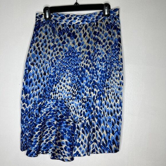 Tibi New York 100% Silk Abstract Print Skirt Women's 6 Blue Beige Knee Length - Picture 9 of 11